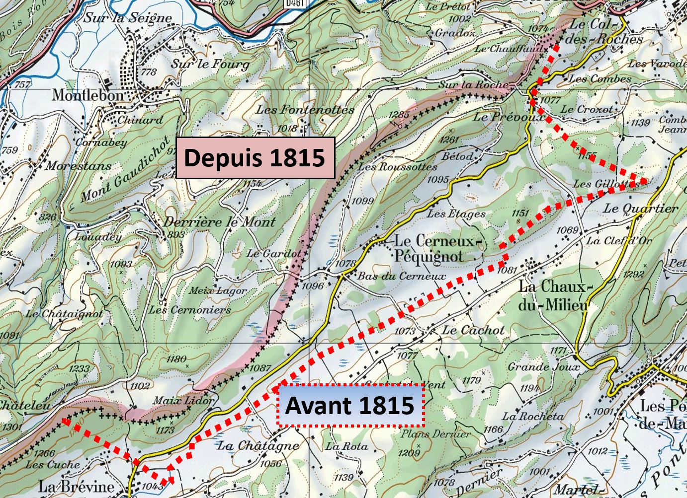 Carte du Cerneux-Péquignot avant et après 1815